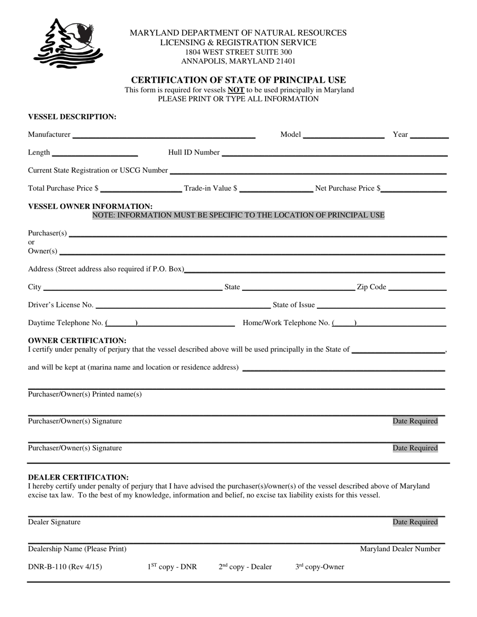 DNR Form B-110 Certification of State of Principal Use - Maryland, Page 1
