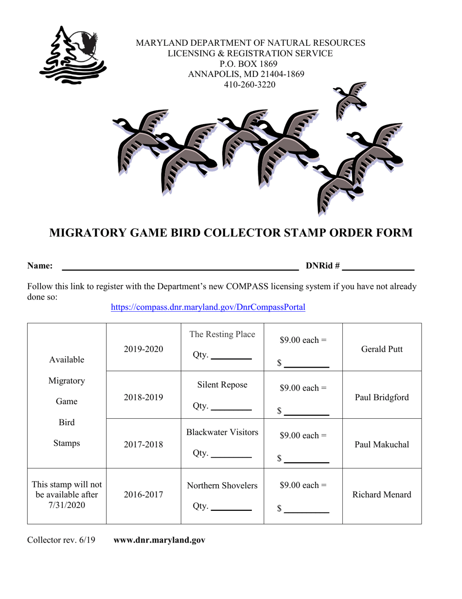 Migratory Game Bird Collector Stamp Order Form - Maryland, Page 1