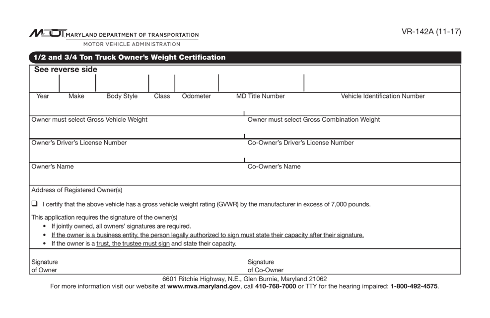Form VR-142A 1/2 and 3/4 Ton Truck Owner's Weight Certification - Maryland