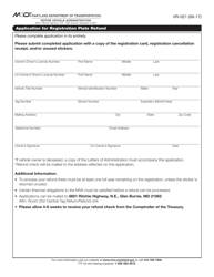 Document preview: Form VR-021 Application for Registration Plate Refund - Maryland