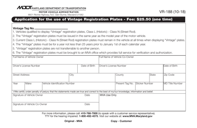 Form VR-188 &quot;Application for the Use of Vintage Registration Plates&quot; - Maryland