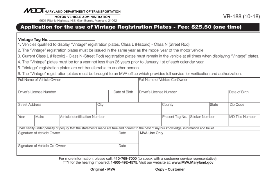 Form VR-188 Application for the Use of Vintage Registration Plates - Maryland, Page 1