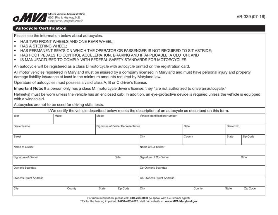 Form VR-339 Autocycle Certification - Maryland, Page 1