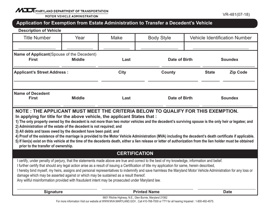 Form VR-481 Application for Exemption From Estate Administration to Transfer a Decedent's Vehicle - Maryland, Page 1