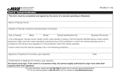Document preview: Form VR-293 Class B - Taxicab Certification - Maryland