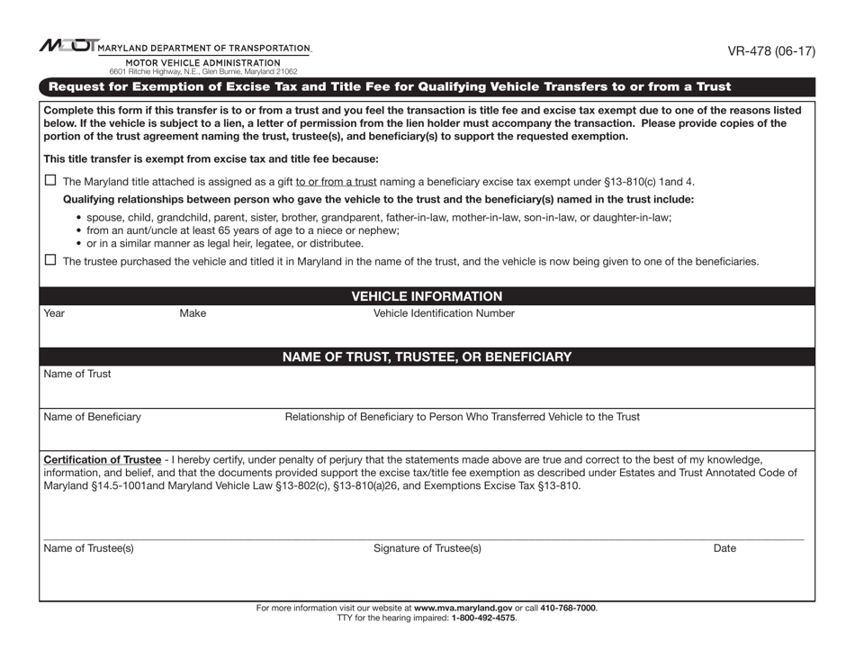 Form VR-478 Request for Exemption of Excise Tax and Title Fee for Qualifying Vehicle Transfers to or From a Trust - Maryland, Page 1