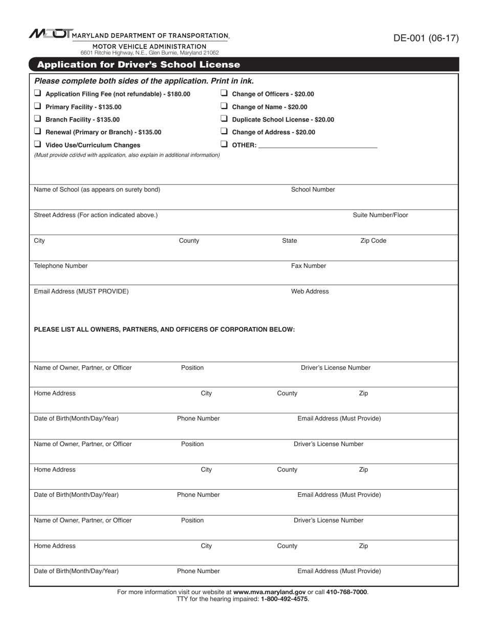 Form DE-001 Application for Drivers School License - Maryland, Page 1