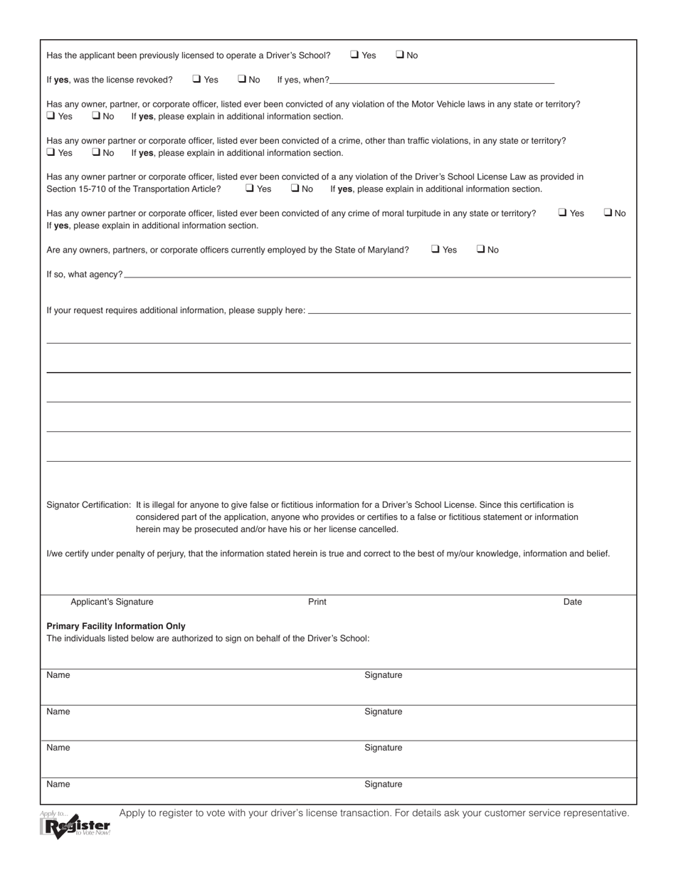 Form DE-001 Application for Drivers School License - Maryland, Page 2