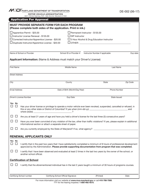 Form DE-002 Application for Approval - Maryland