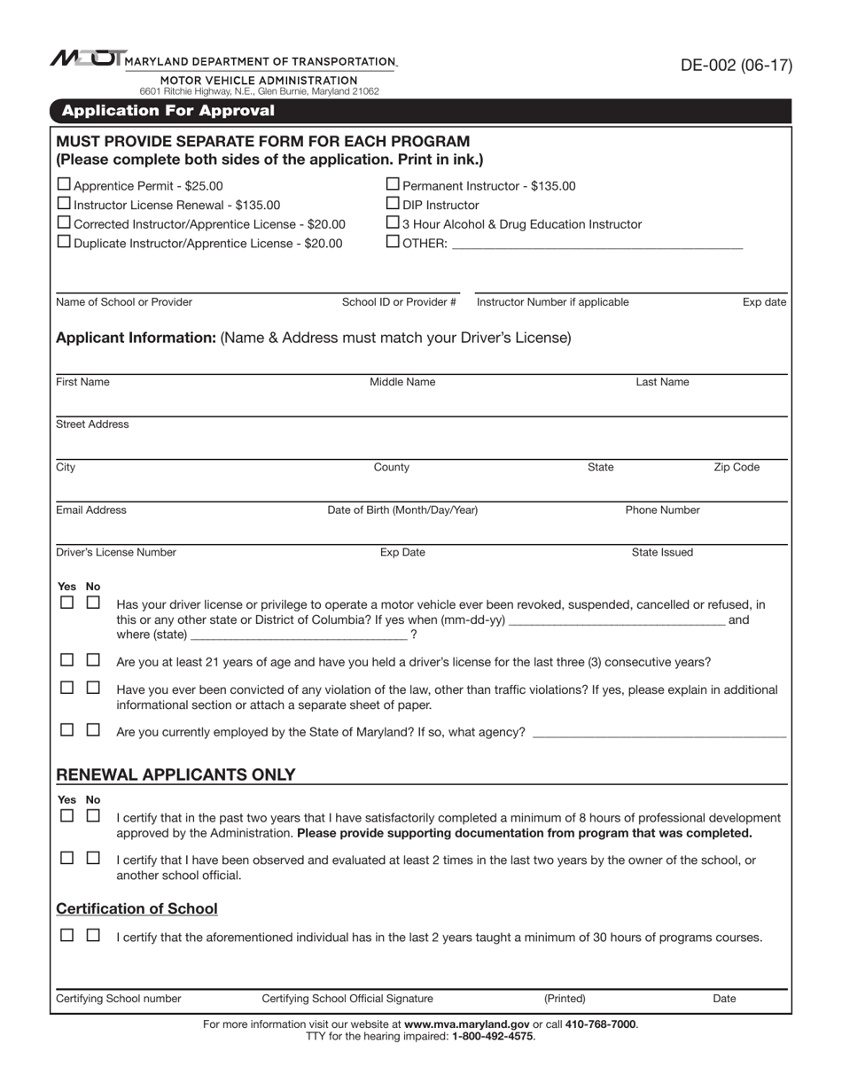 Form DE-002 Application for Approval - Maryland, Page 1