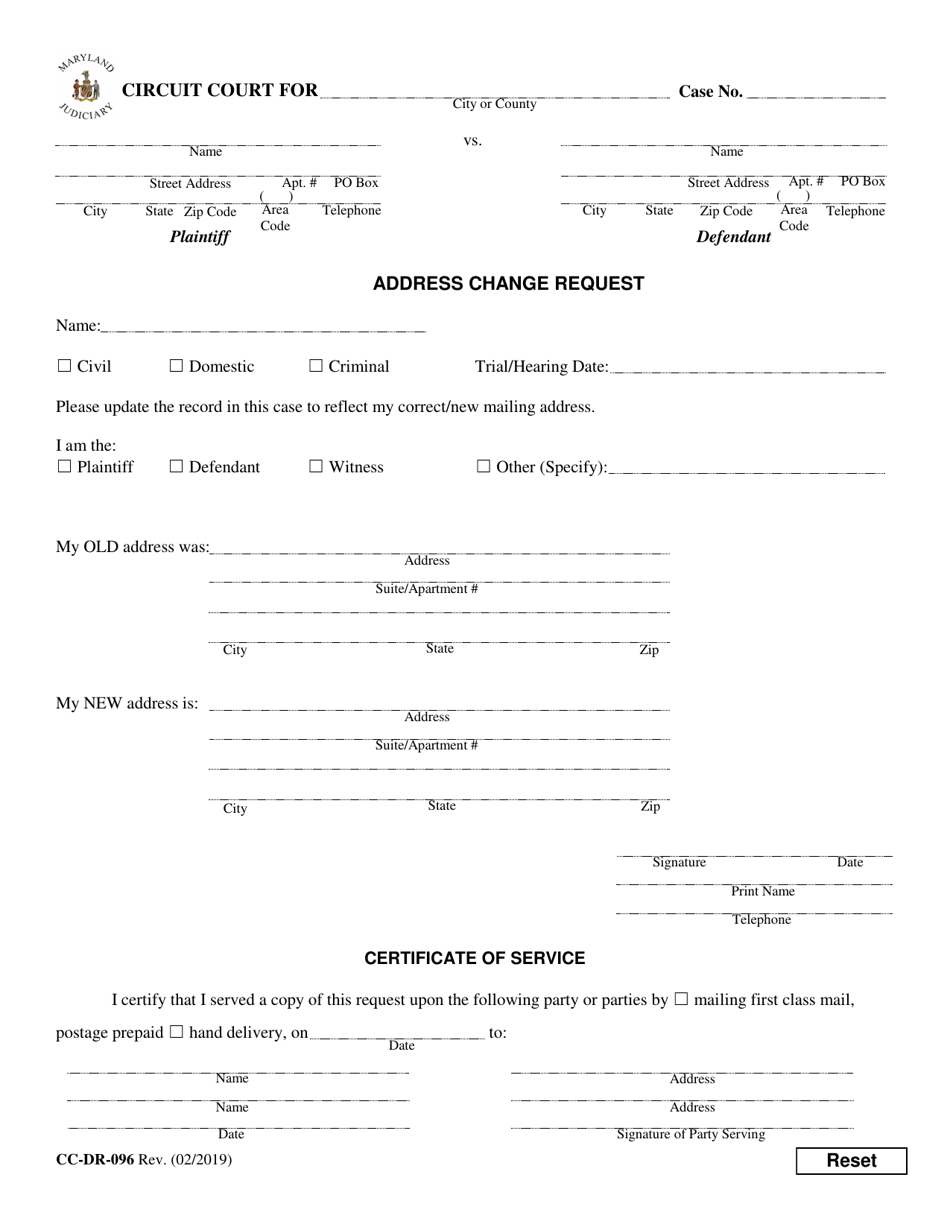 Form CC-DR-096 Address Change Request - Maryland, Page 1
