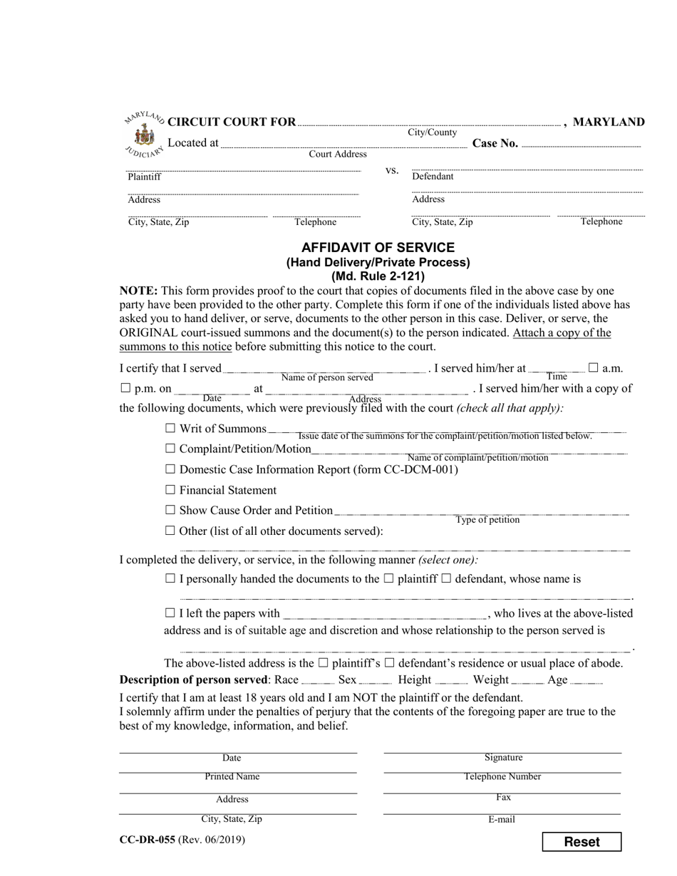 Form CC-DR-055 Affidavit of Service (Hand Delivery / Private Process) - Maryland, Page 1