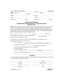 Document preview: Form CC-DR-056 Affidavit of Service (Certified Mail Restricted Delivery - Receipt Requested) - Maryland