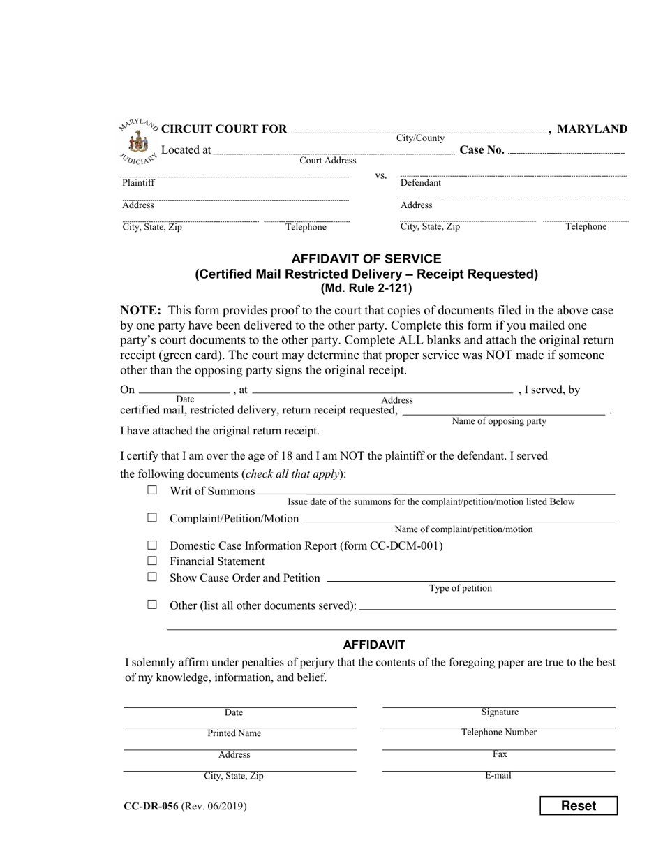 Form CC-DR-056 Affidavit of Service (Certified Mail Restricted Delivery - Receipt Requested) - Maryland, Page 1