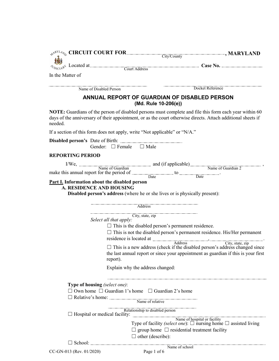 Form CC-GN-013 Annual Report of Guardian of Disabled Person - Maryland, Page 1