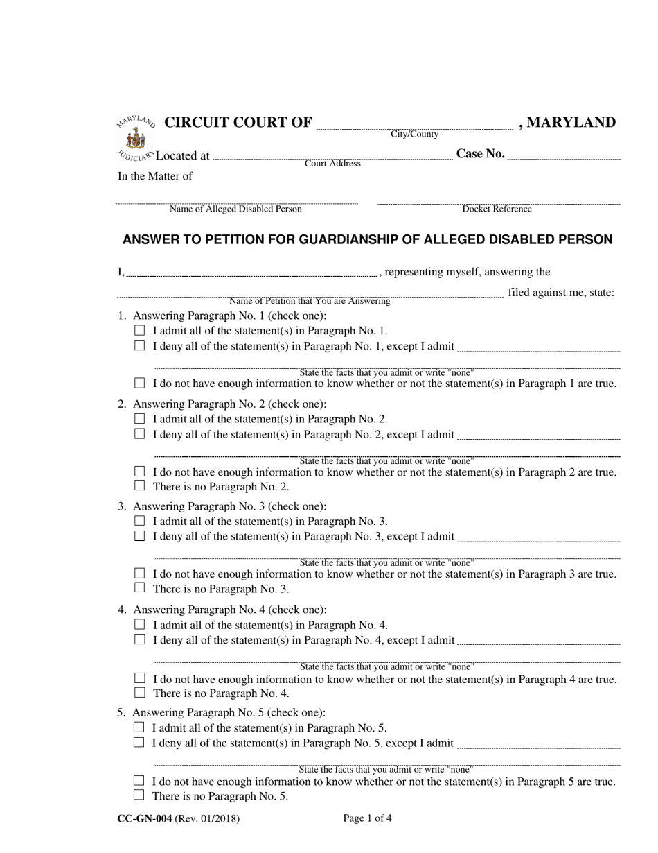 Form CC-GN-004 Answer to Petition for Guardianship of Alleged Disabled Person - Maryland, Page 1