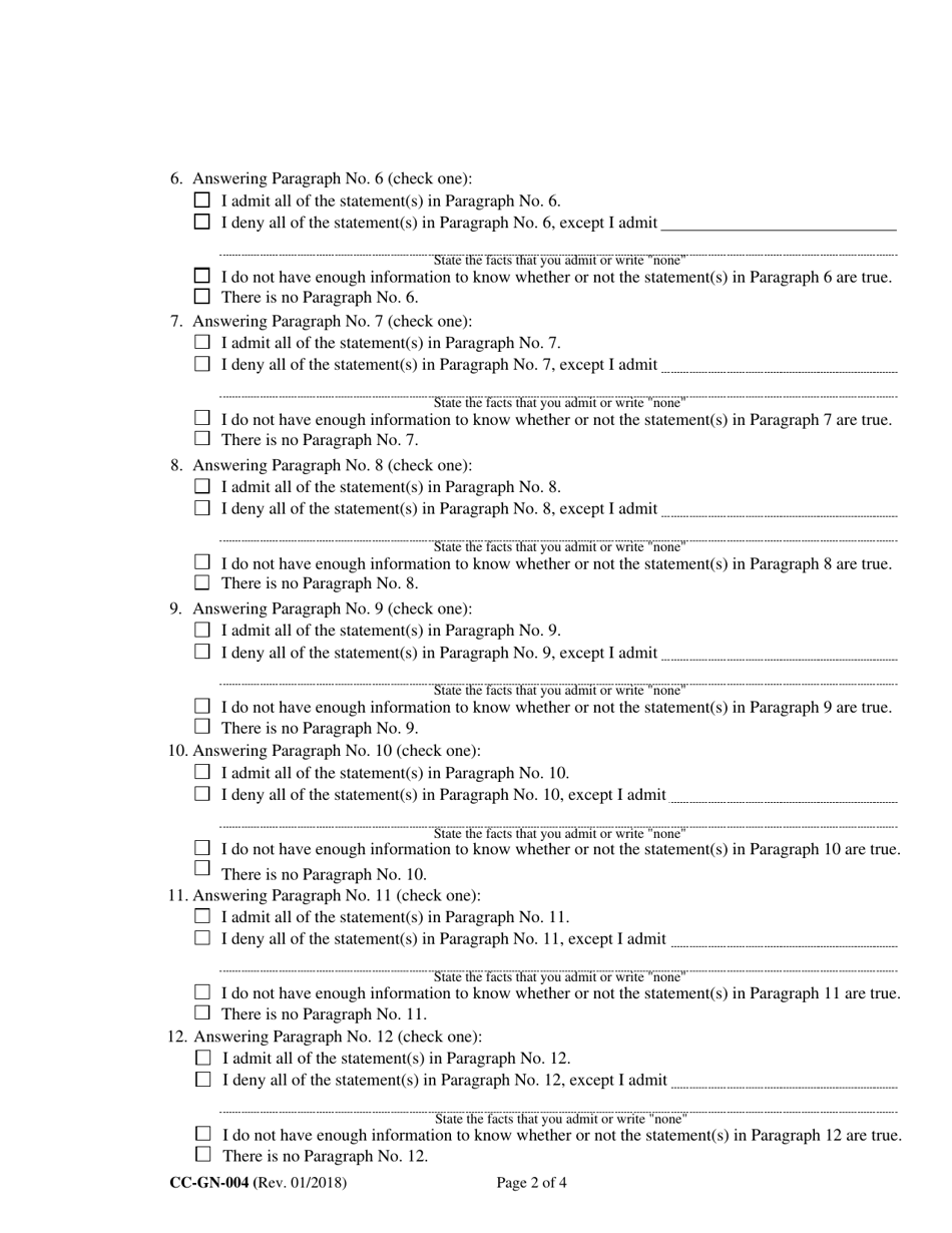 Form CC-GN-004 Answer to Petition for Guardianship of Alleged Disabled Person - Maryland, Page 2