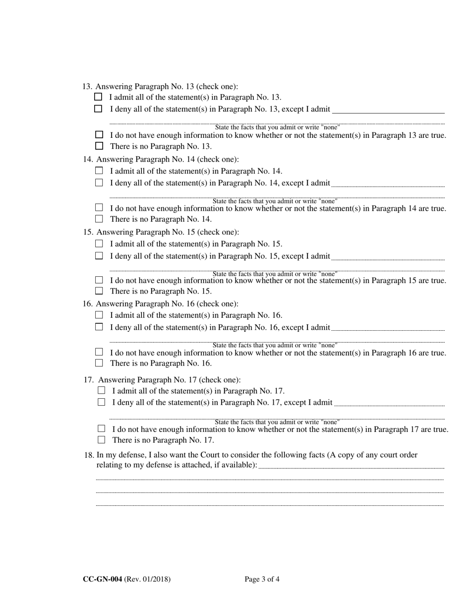 Form CC-GN-004 Answer to Petition for Guardianship of Alleged Disabled Person - Maryland, Page 3