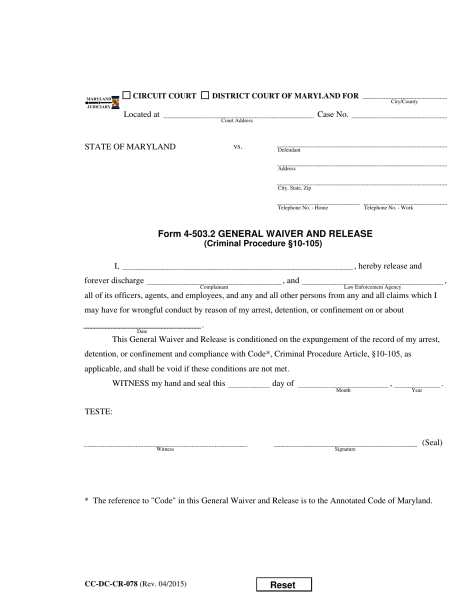Form CC-DC-CR-078 (4-503.2) General Waiver and Release - Maryland, Page 1