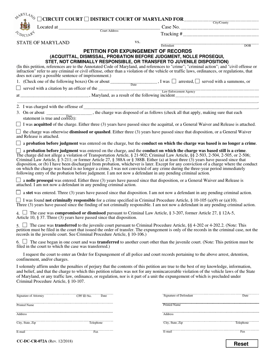 Form CC-DC-CR-072A Petition for Expungement of Records (Acquittal, Dismissal, Probation Before Judgment, Nolle Prosequi, Stet, Not Criminally Responsible, or Transfer to Juvenile Disposition) - Maryland, Page 1