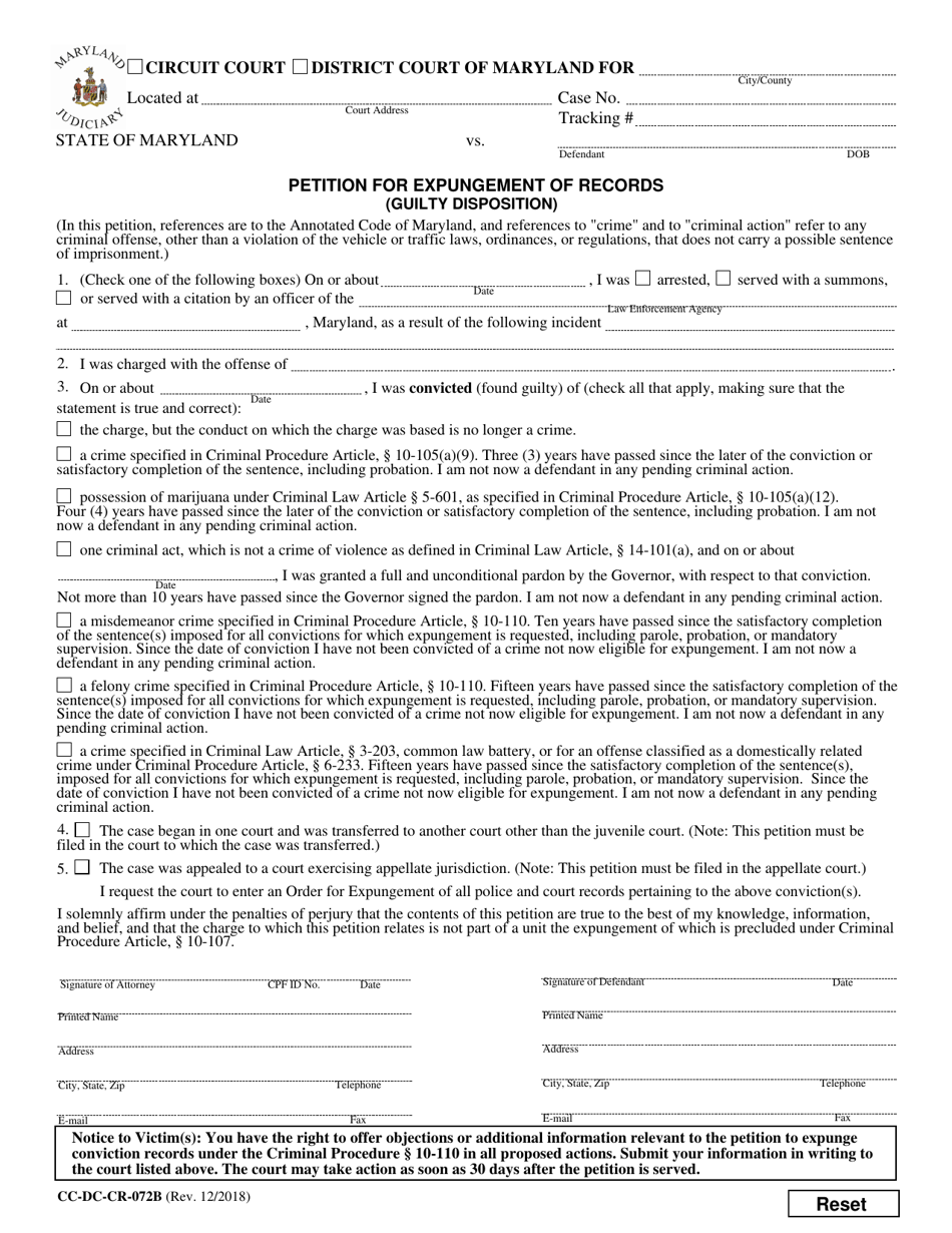 Form CC-DC-CR-072B Petition for Expungement of Records (Guilty Disposition) - Maryland, Page 1