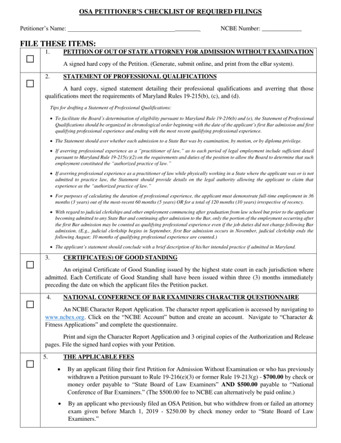 "Osa Petitioner's Checklist of Required Filings" - Maryland Download Pdf