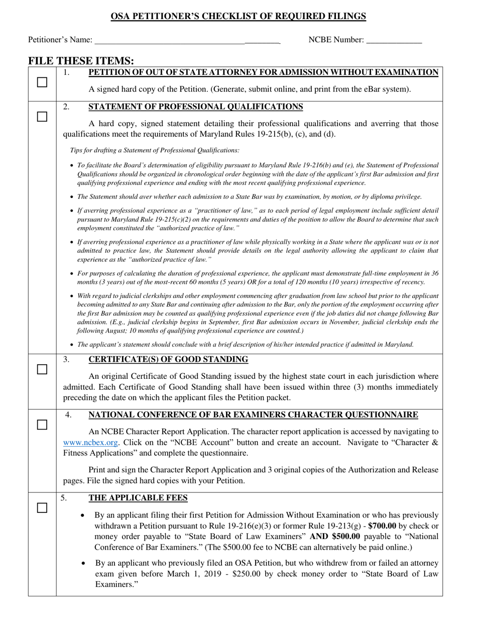 Osa Petitioners Checklist of Required Filings - Maryland, Page 1