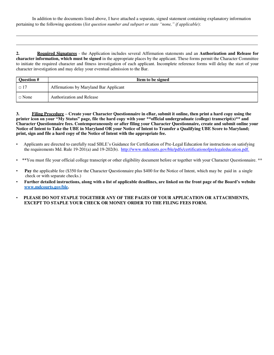 Application for Admission to the Bar of Maryland by Ube Character Questionnaire Filing Checklist  Instructions - Maryland, Page 2