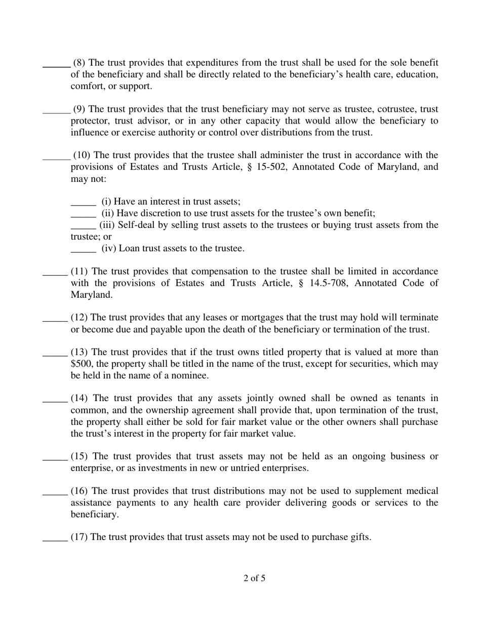 Special Needs Trust Regulatory Compliance Checklist and Statement - Maryland, Page 3