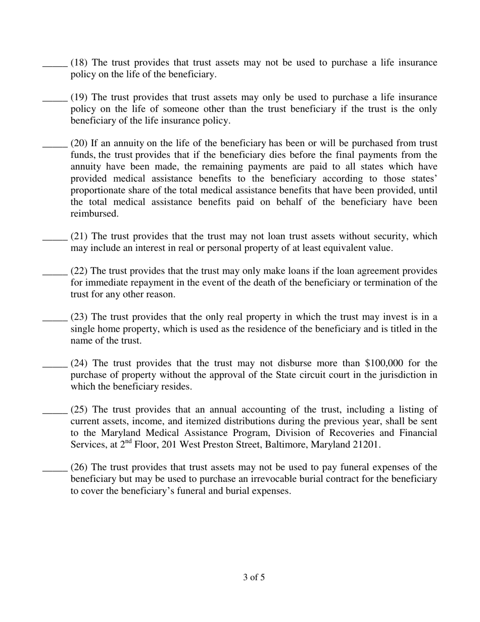 Special Needs Trust Regulatory Compliance Checklist and Statement - Maryland, Page 4