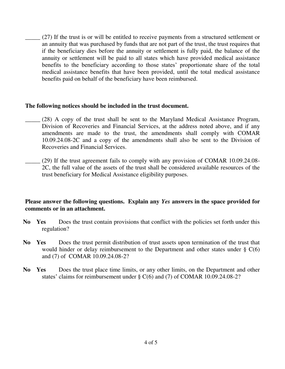 Special Needs Trust Regulatory Compliance Checklist and Statement - Maryland, Page 5
