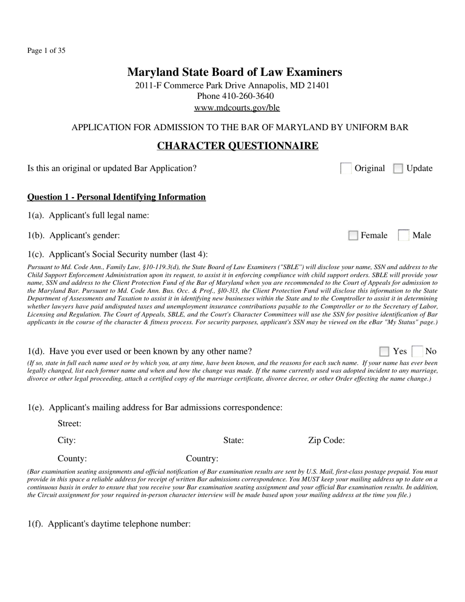 Maryland Application For Admission To The Bar Of Maryland By Uniform Bar Fill Out Sign Online 5824