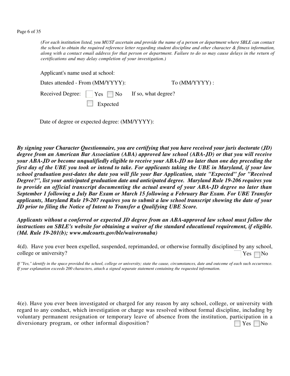 Application for Admission to the Bar of Maryland by Uniform Bar - Maryland, Page 8
