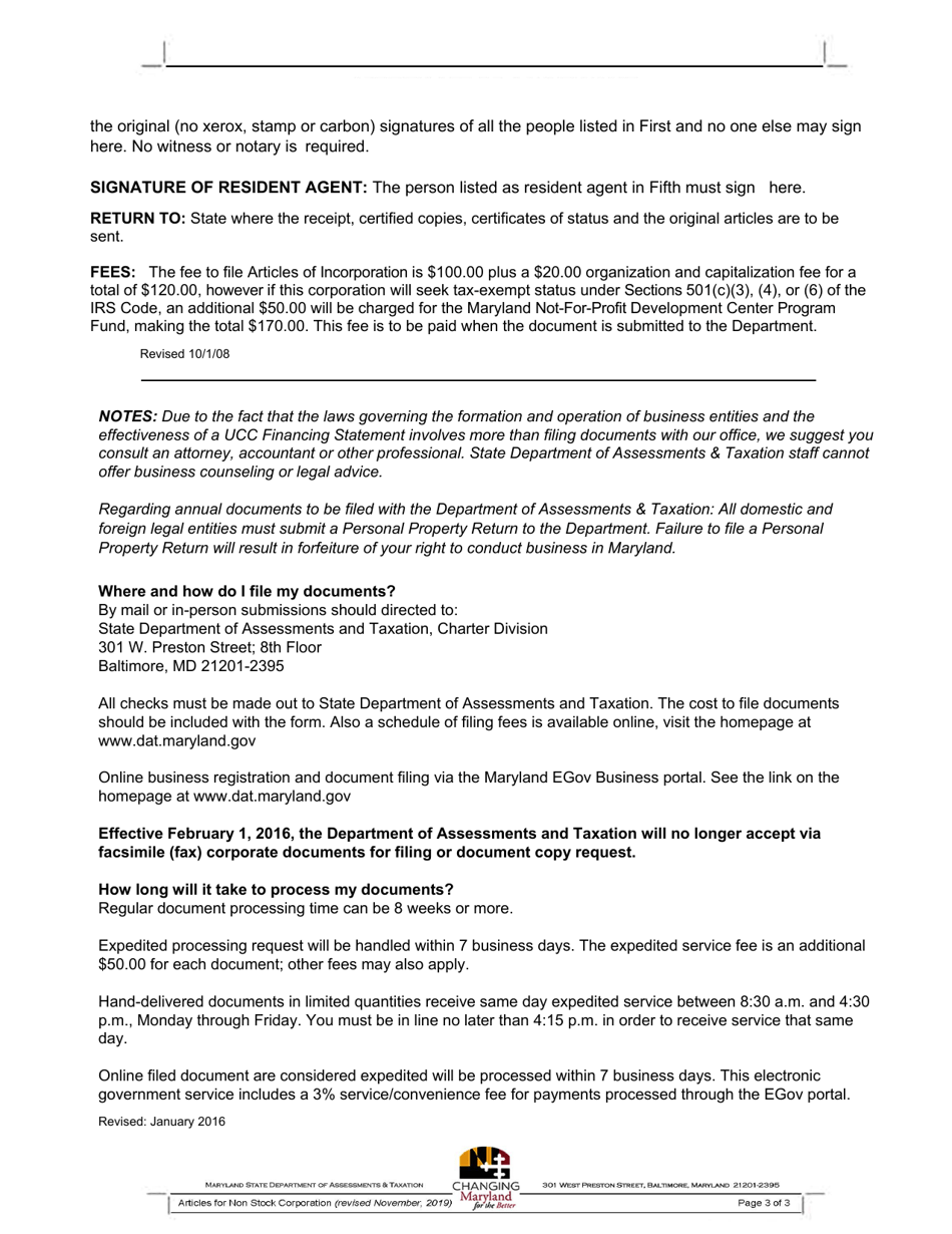 Articles of Incorporation for a Nonstock Corporation - Maryland, Page 3