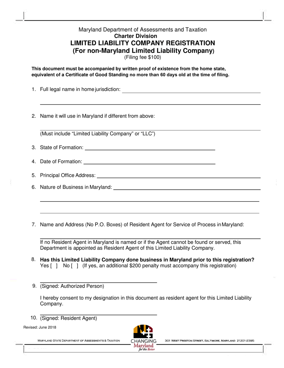 Limited Liability Company Registration (For Non-maryland Limited Liability Company) - Maryland, Page 1