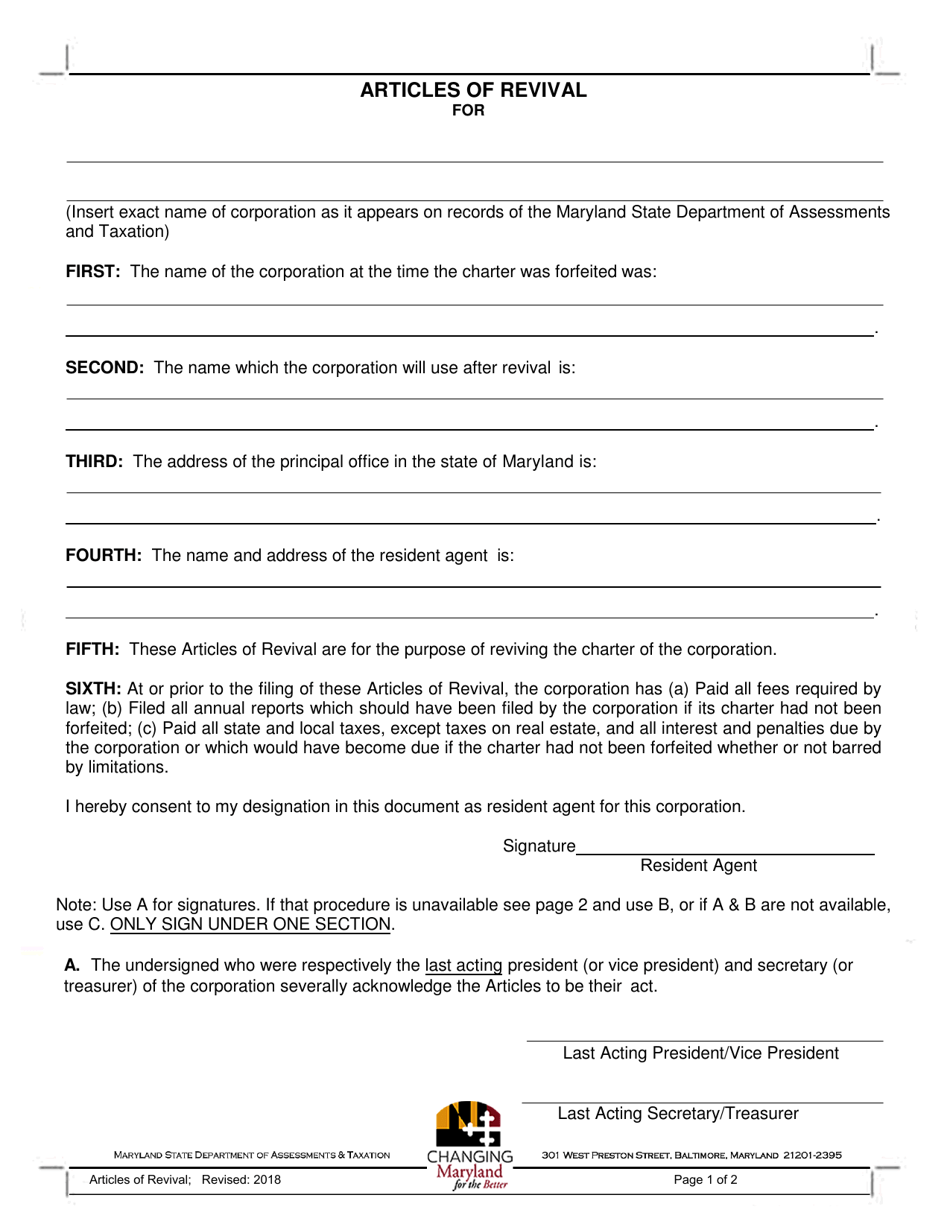 Maryland Articles of Revival - Fill Out, Sign Online and Download PDF ...