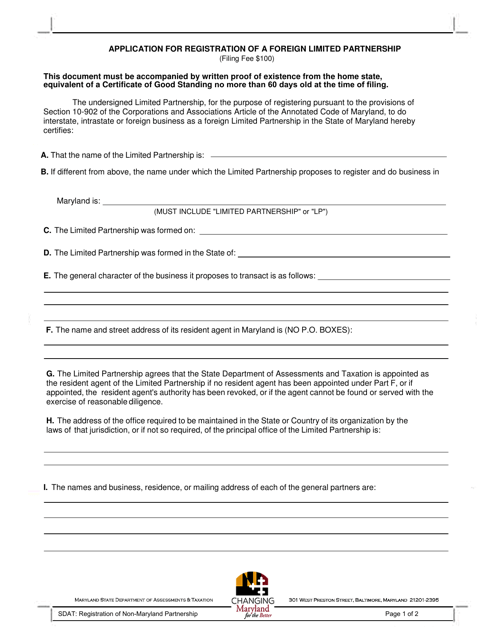 Application for Registration of a Foreign Limited Partnership - Maryland Download Pdf
