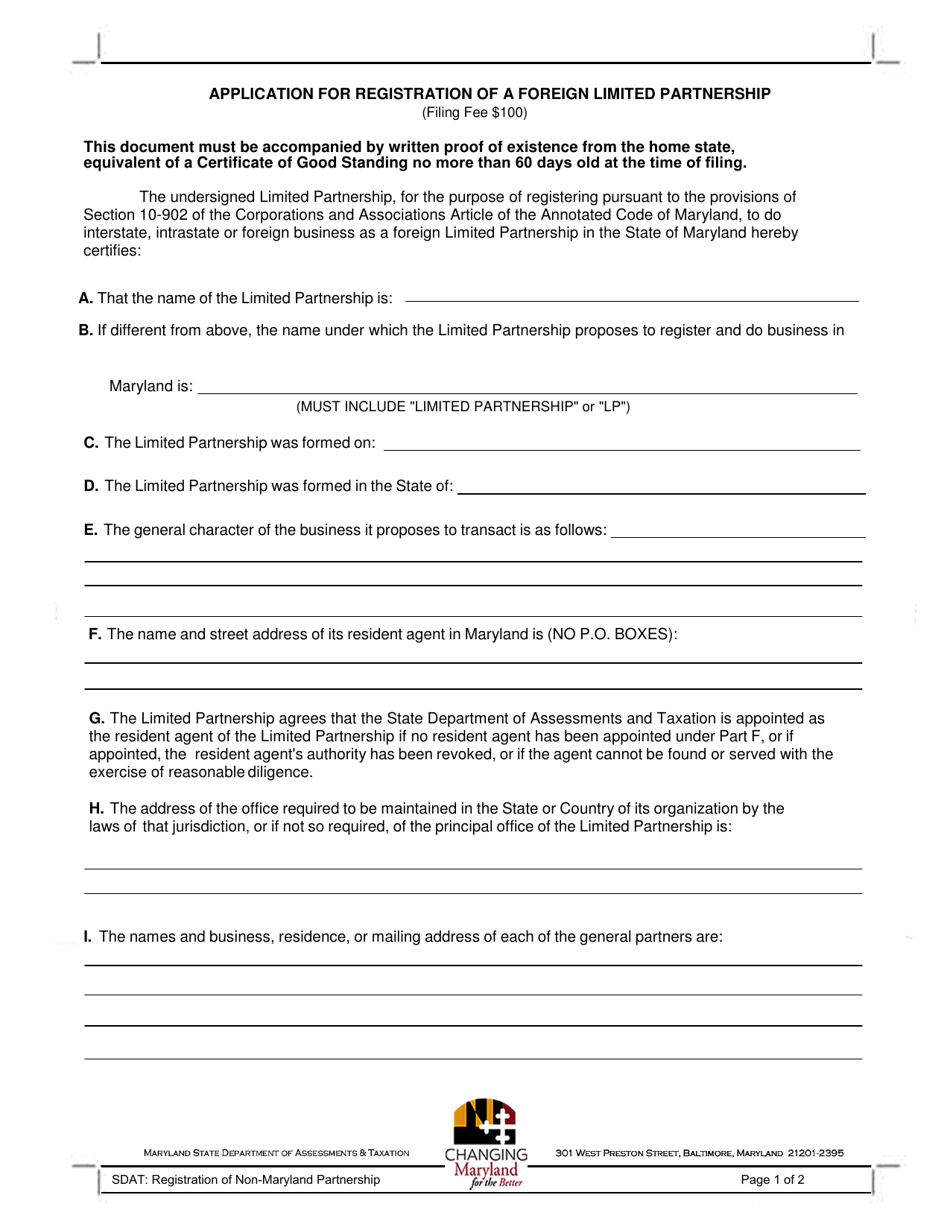Application for Registration of a Foreign Limited Partnership - Maryland, Page 1