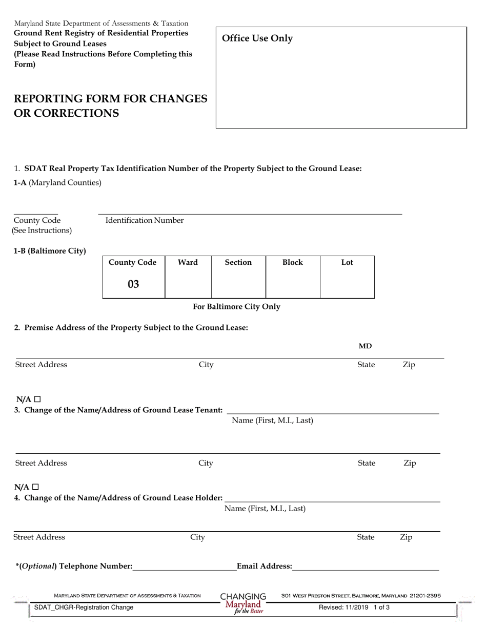 Reporting Form for Changes or Corrections - Maryland, Page 1