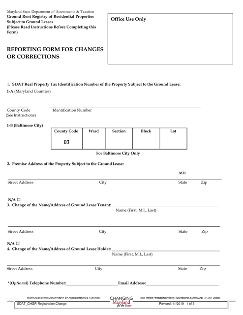 Reporting Form for Changes or Corrections - Maryland Download Pdf