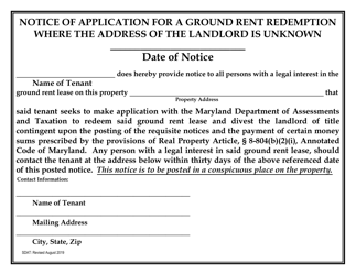 Document preview: Notice of Application for a Ground Rent Redemption Where the Address of the Landlord Is Unknown - Maryland