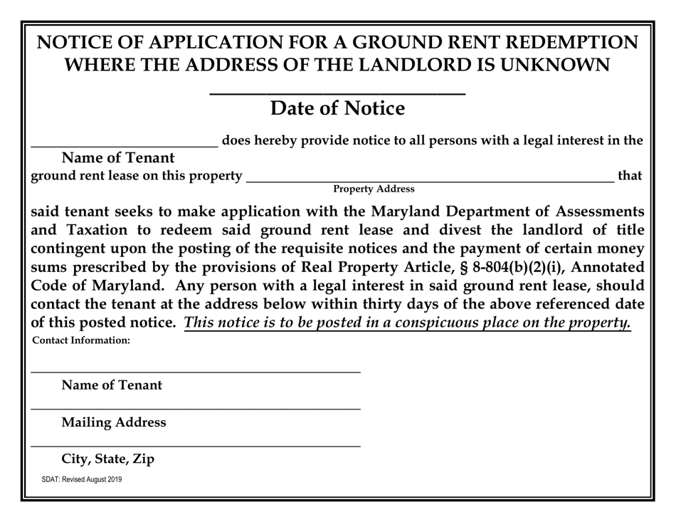 Maryland Notice of Application for a Ground Rent Redemption Where the