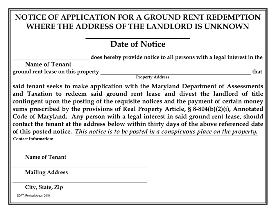 Notice of Application for a Ground Rent Redemption Where the Address of the Landlord Is Unknown - Maryland, Page 1