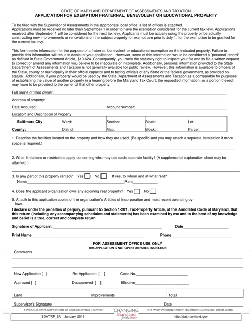 Form SDATRP_6A Application for Exemption Fraternal, Benevolent or Educational Property - Maryland