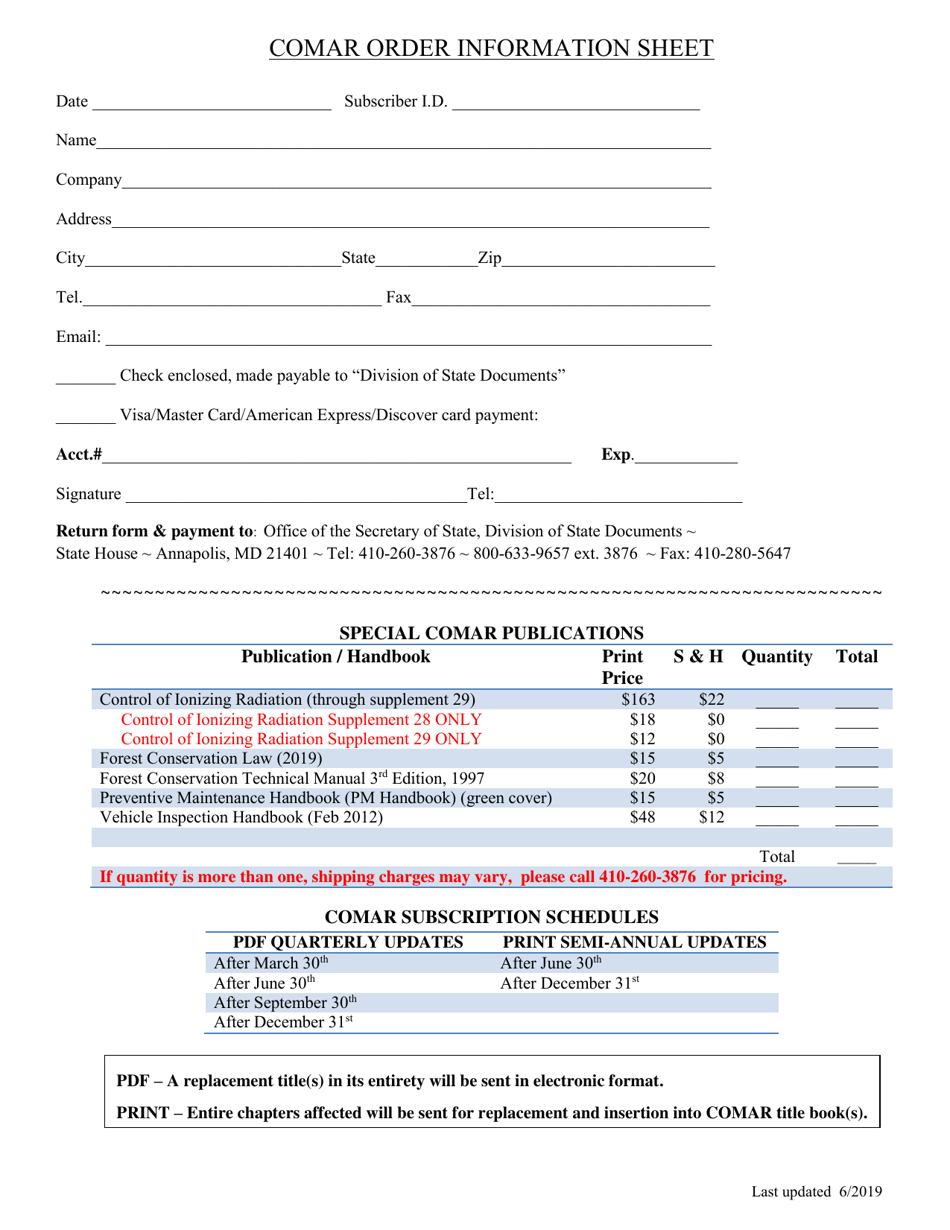 Comar Order Information Sheet - Maryland, Page 1