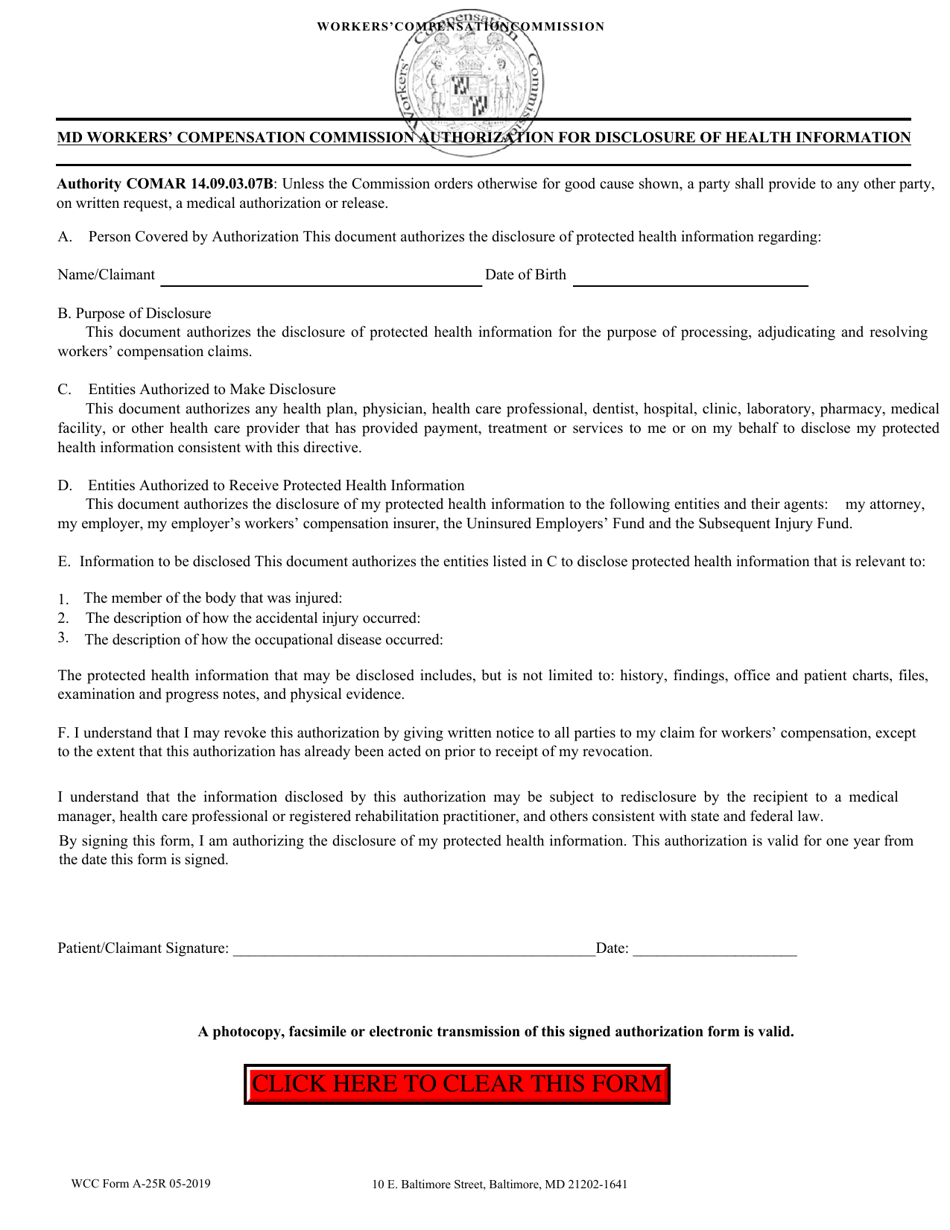 WCC Form A-25R Authorization for Disclosure of Health Information - Maryland, Page 1