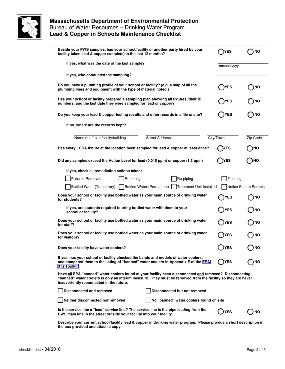 Lead  Copper in Schools Maintenance Checklist - Massachusetts, Page 2