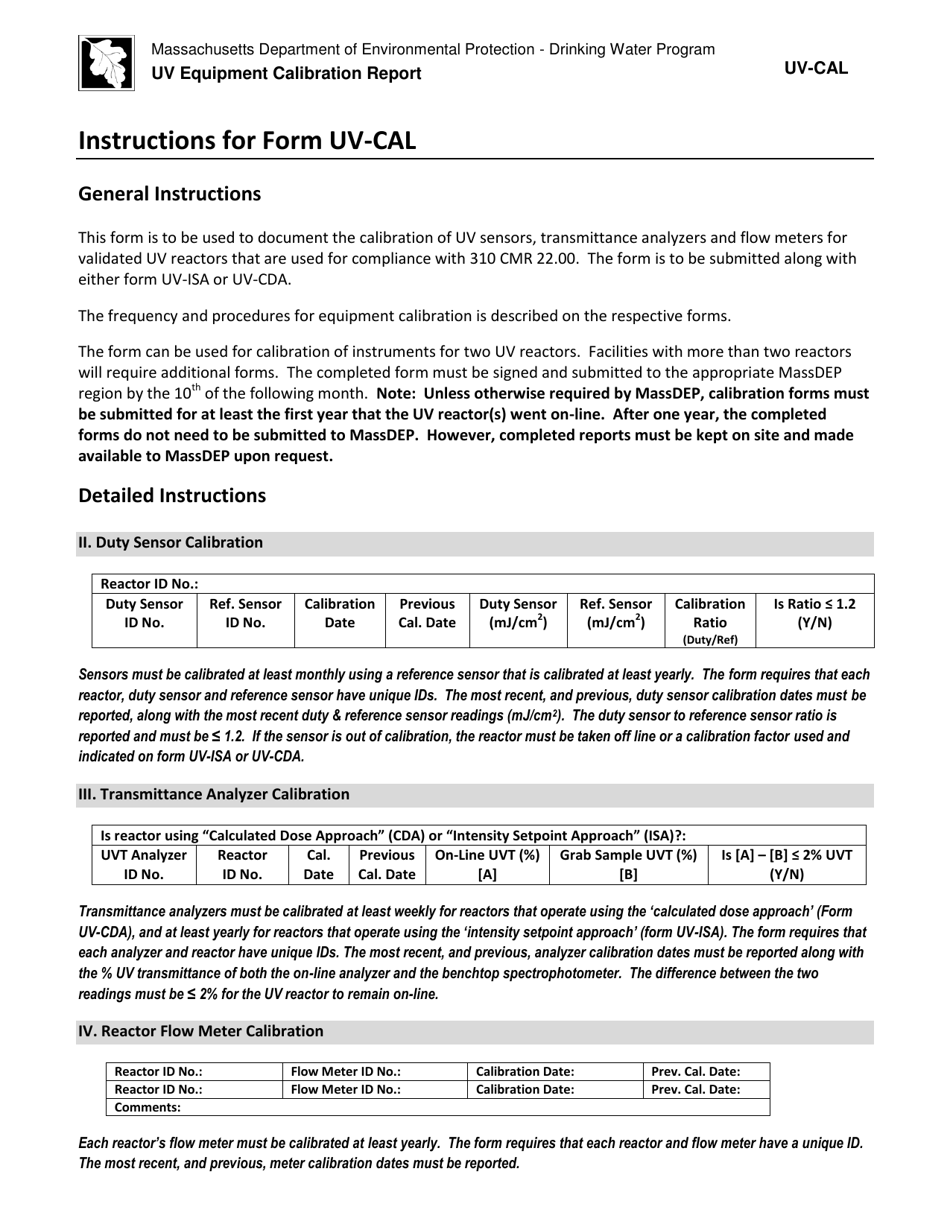 Instructions for Form UV-CAL Uv Equipment Calibration Report - Massachusetts, Page 1