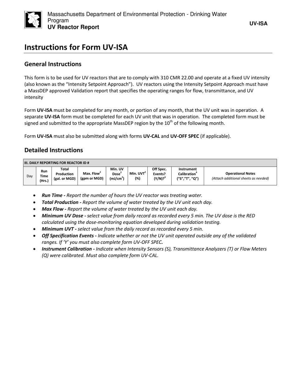 Instructions for Form UV-ISA Uv Reactor Report - Massachusetts, Page 1