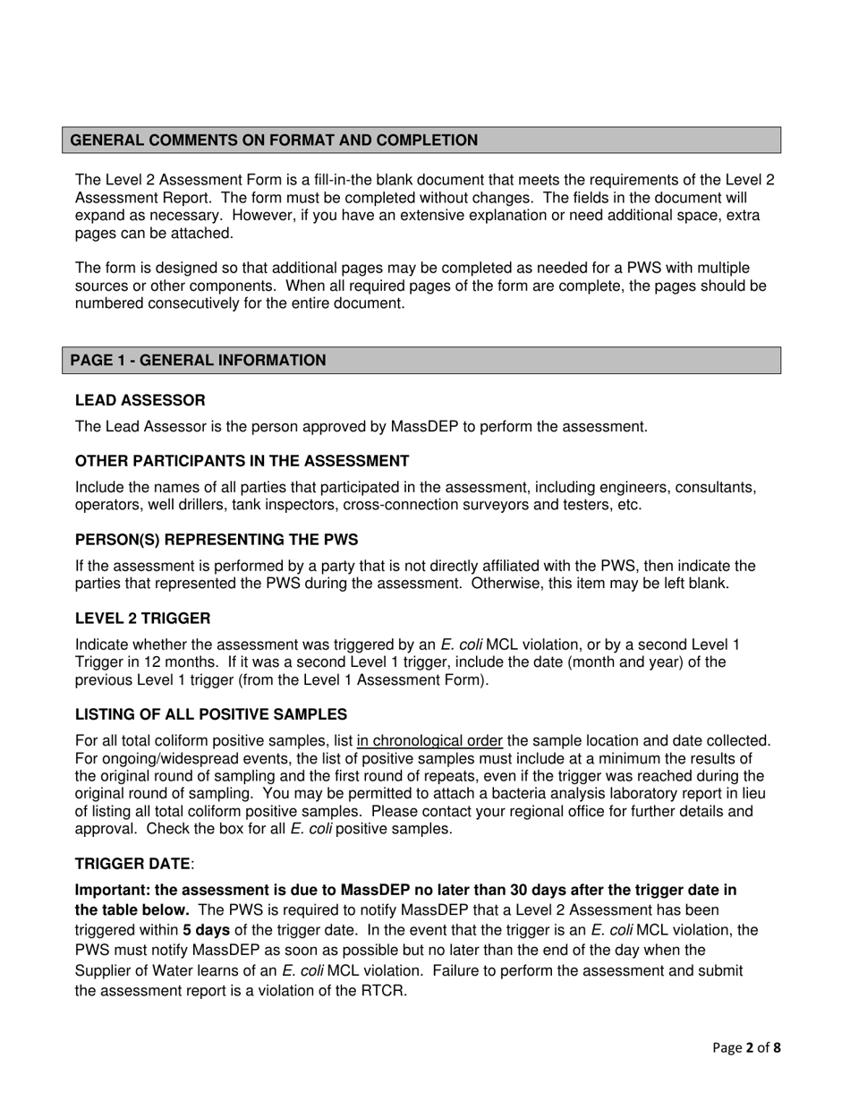 Instructions for Form RTCR-2 Coliform Bacteria Level 2 Assessment Form - Massachusetts, Page 2